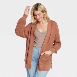 NWT Brown Cocoon Knit Open Front Cardigan Normcore 100% Cotton Oversize Sweater